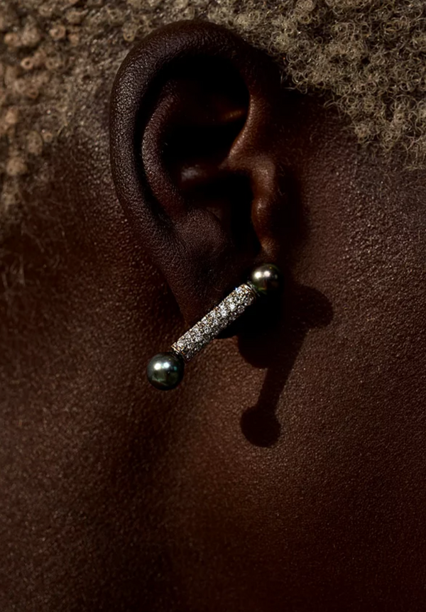 Sterling King Pavé Diamond Pearl Bar Earrings in 18-Karat White Gold model shot