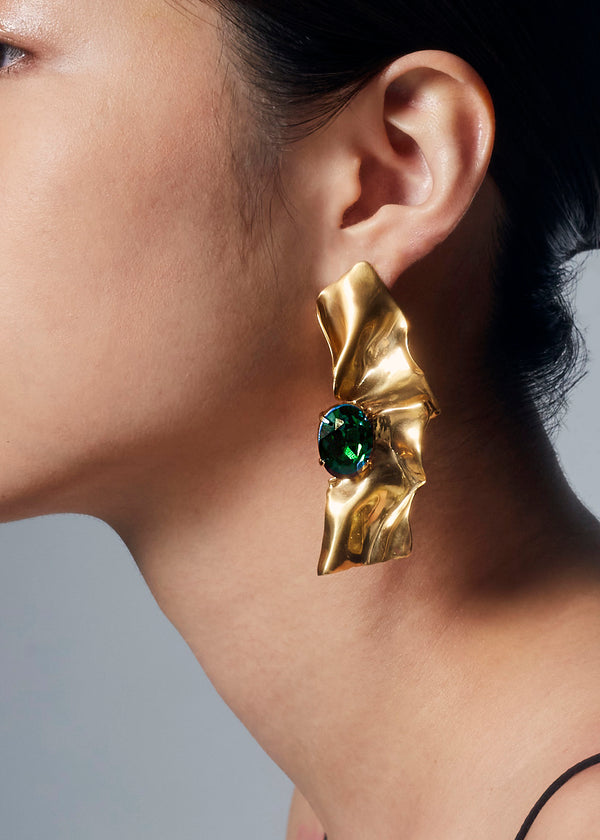 Pleat Crystal Earrings | Gold and Emerald Green