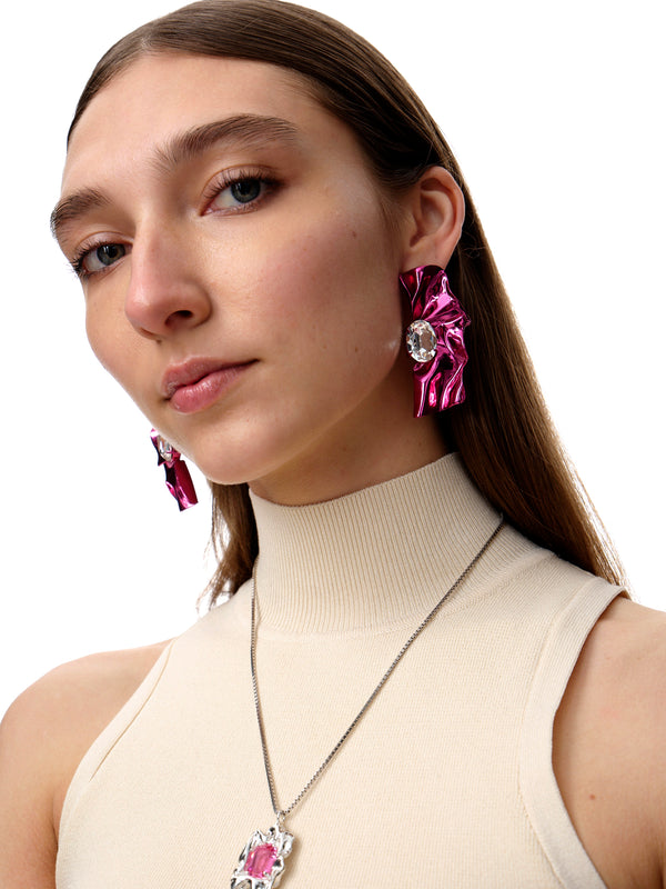 Pleat Crystal Earrings | Fuchsia
