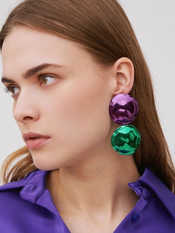 Double Orb Color Block Earrings | Violet and Emerald Green