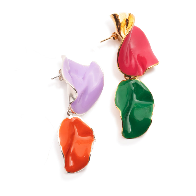 Multicolor Painted Enamel Fold Earrings | Gold and Silver