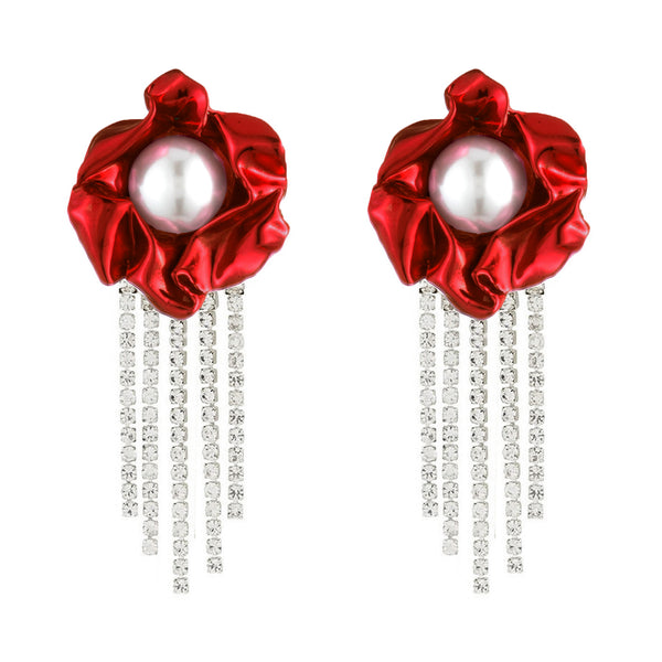 Titania Pearl Crystal Fringe Earrings | Ruby Red