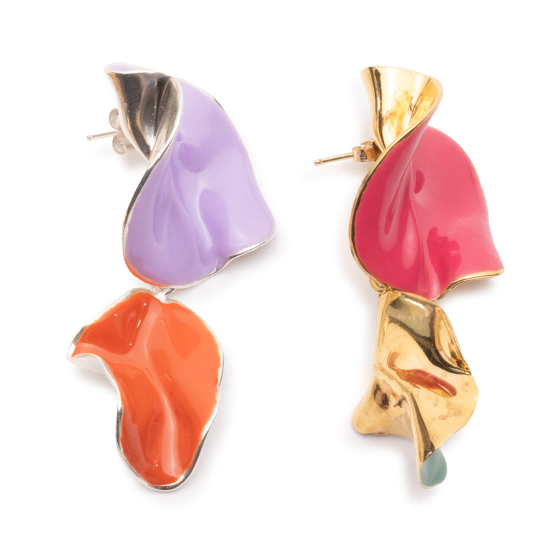 Multicolor Painted Enamel Fold Earrings | Gold and Silver