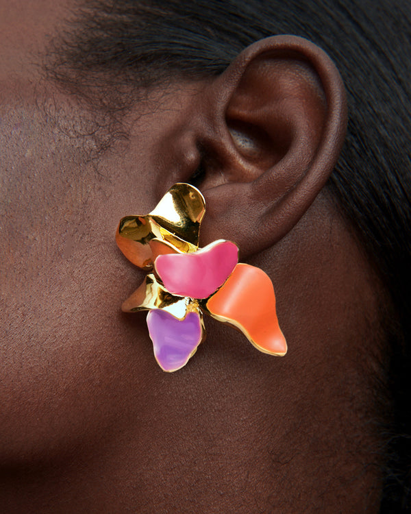 Painted Lotus Stud Earrings | Gold, Multicolor