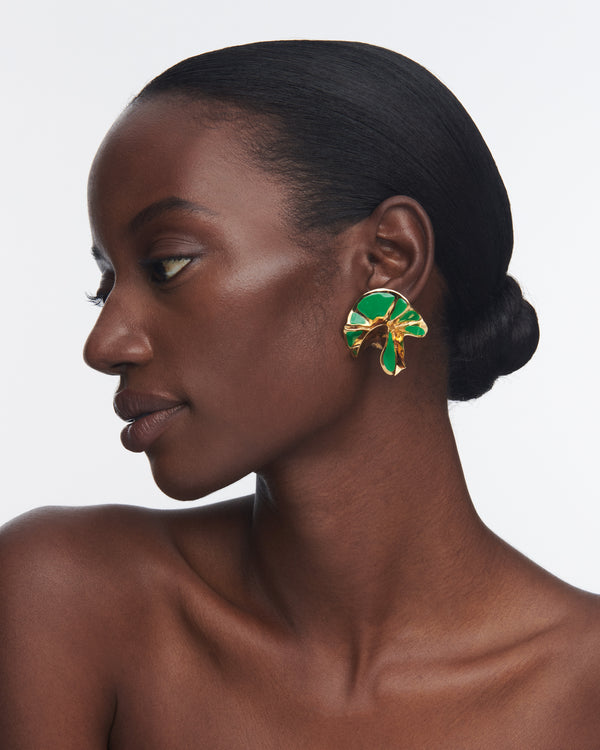 Painted Enamel Delphinium Earrings | Green and Gold
