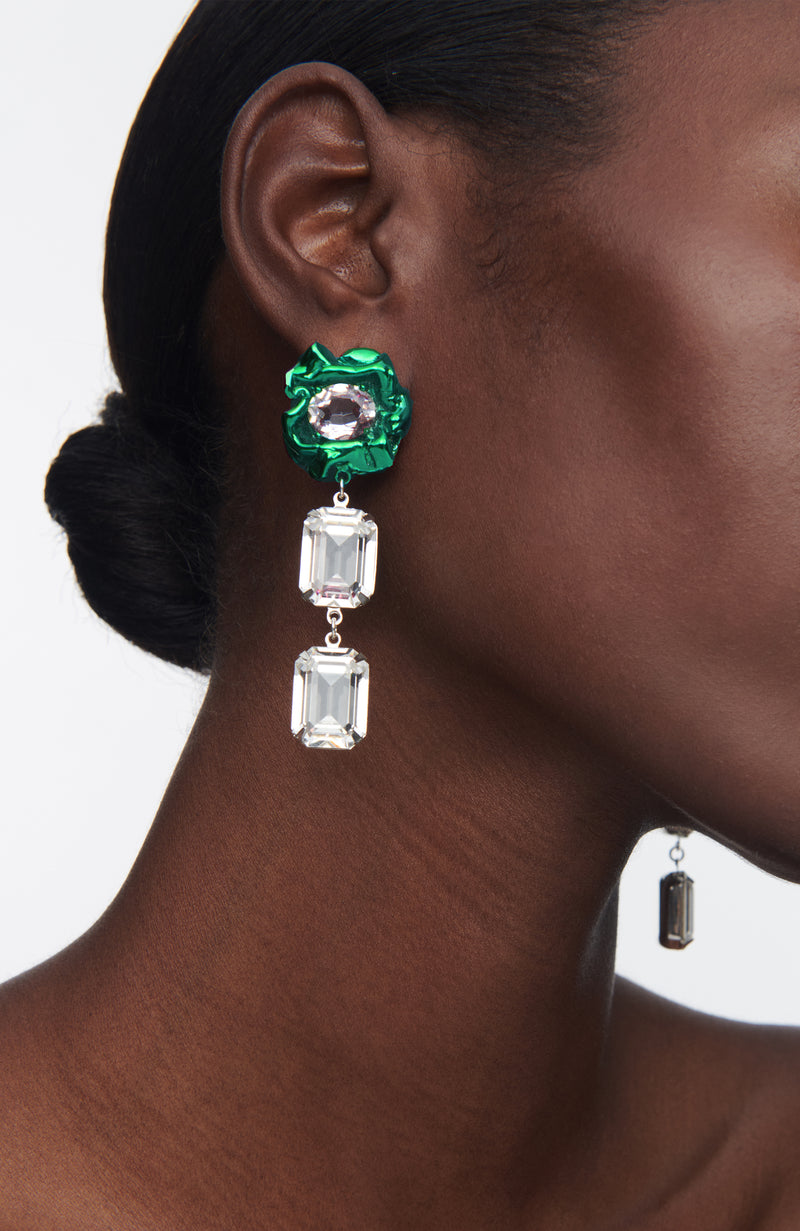 Ada Crystal Statement Earrings in Emerald Green and Silver