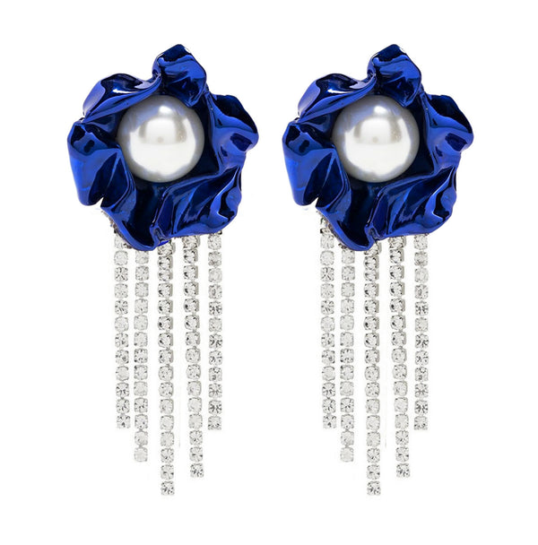 Titania Pearl Crystal Fringe Earrings | Cobalt Blue