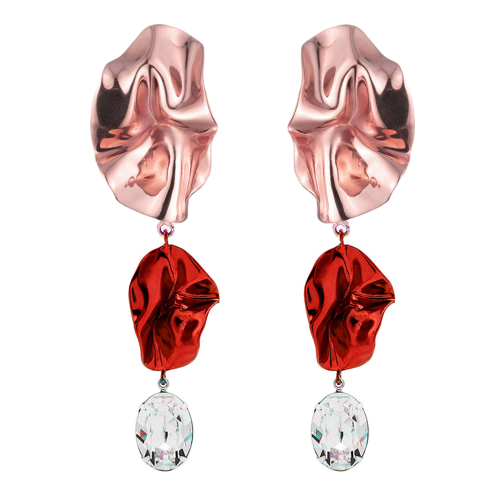 Red and gold dangle earrings, Red Statement chandelier earrings, Swarovski shop crystal earrings, Vintage style earrings, Long drop earrings
