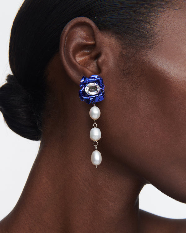 Lola 3 Pearl Drop Earrings with Crystal | Cobalt Blue