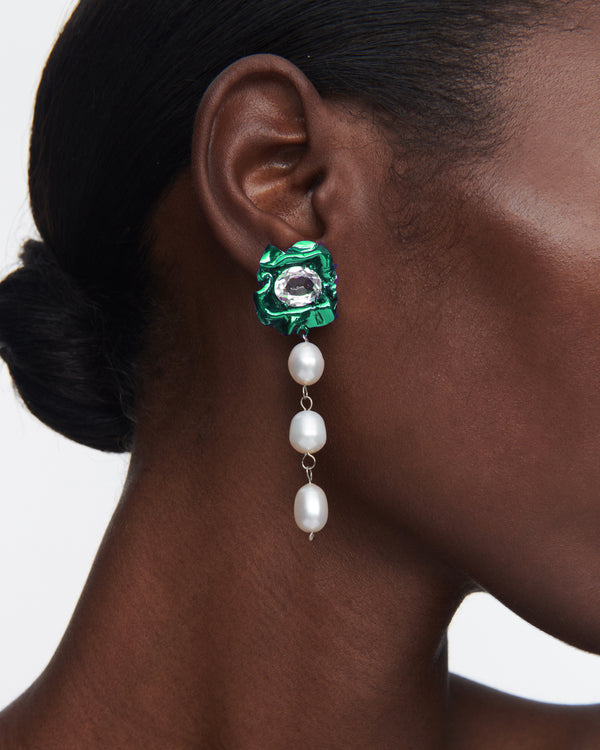Lola 3 Pearl Drop Earrings with Crystal | Emerald Green