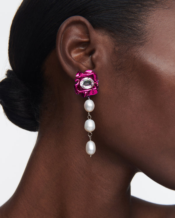 Lola 3 Pearl Drop Earrings with Crystal | Fuchsia