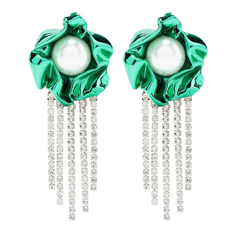 Titania Pearl Crystal Fringe Earrings in Emerald Green