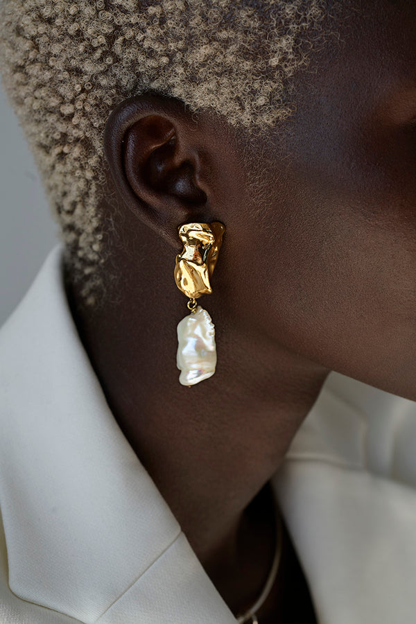 Sterling King Baroque Pearl Molten Earrings in Mirror Gold model shot