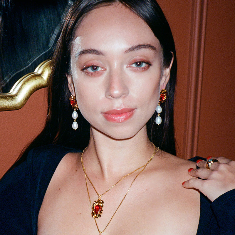 Lola 2 Pearl Drop Earrings with Ruby Crystal | Gold