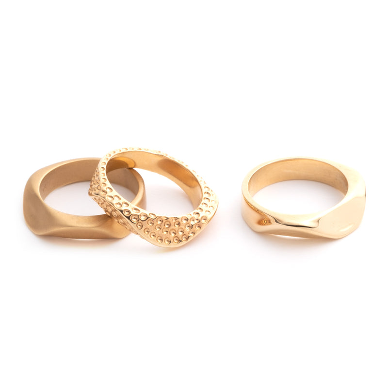 Sterling King Magma Ridge Ring paired with Satin Ridge Ring and Lithop Ridge Ring, all in Gold