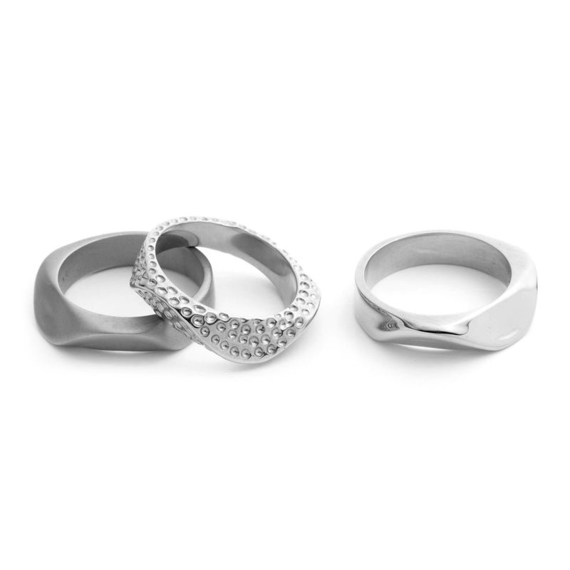 Sterling King Magma Ridge Ring paired with Satin Ridge Ring and Lithop Ridge Ring, all in Silver