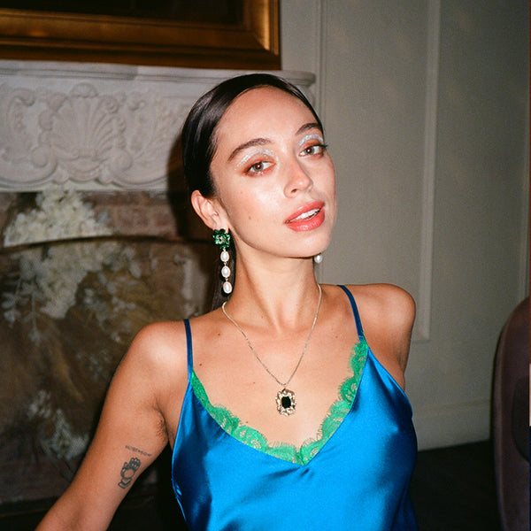 Lola 3 Pearl Drop Earrings with Crystal | Emerald Green