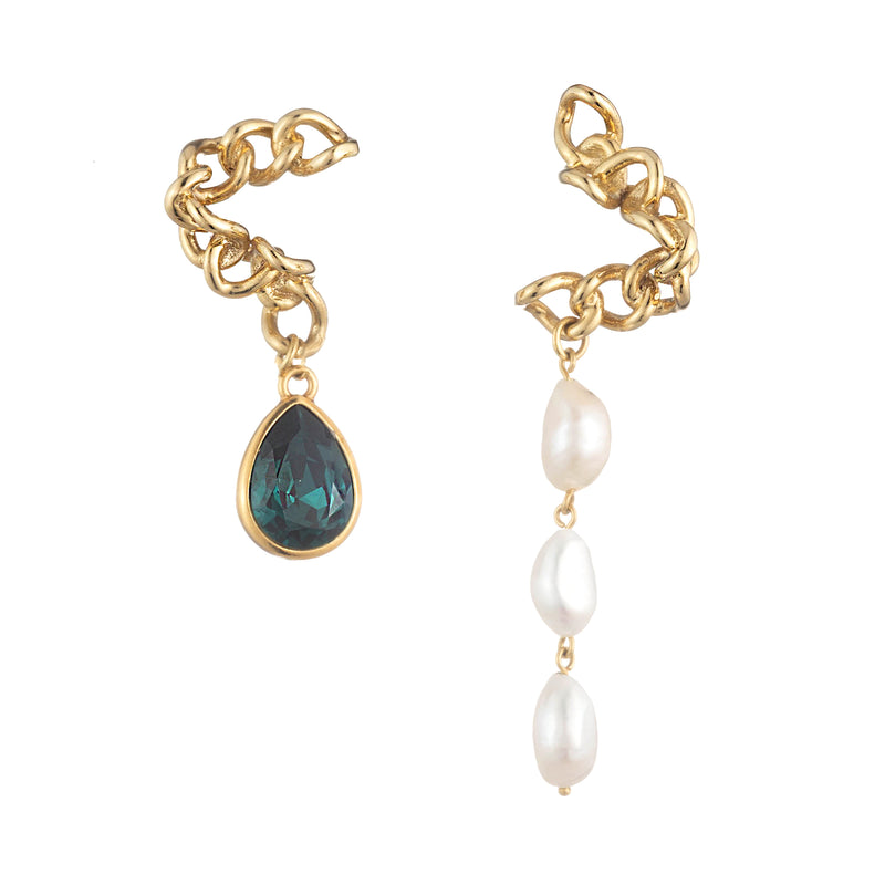 Mismatched Warp Chain Pearl Crystal Drop Earrings | Gold and Clear
