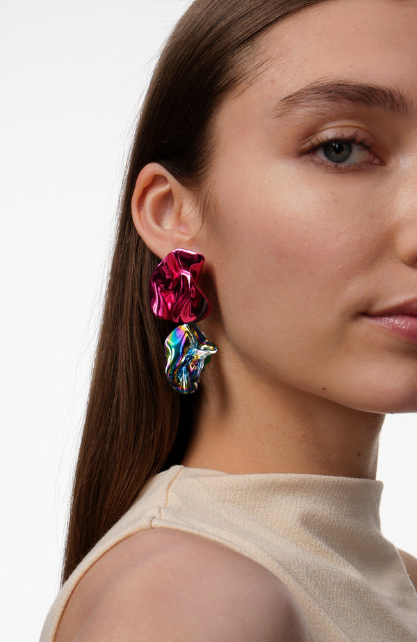 Iridescent Flashback Fold Earrings | Oil Slick and Fuchsia