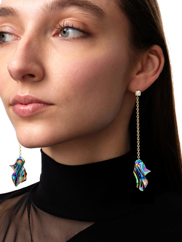 Iridescent Gelsey Fold Crystal Drop Earrings | Oil Slick and Sterling Silver