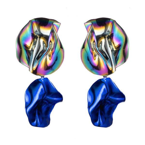 Iridescent Flashback Fold Earrings | Cobalt and Oil Slick