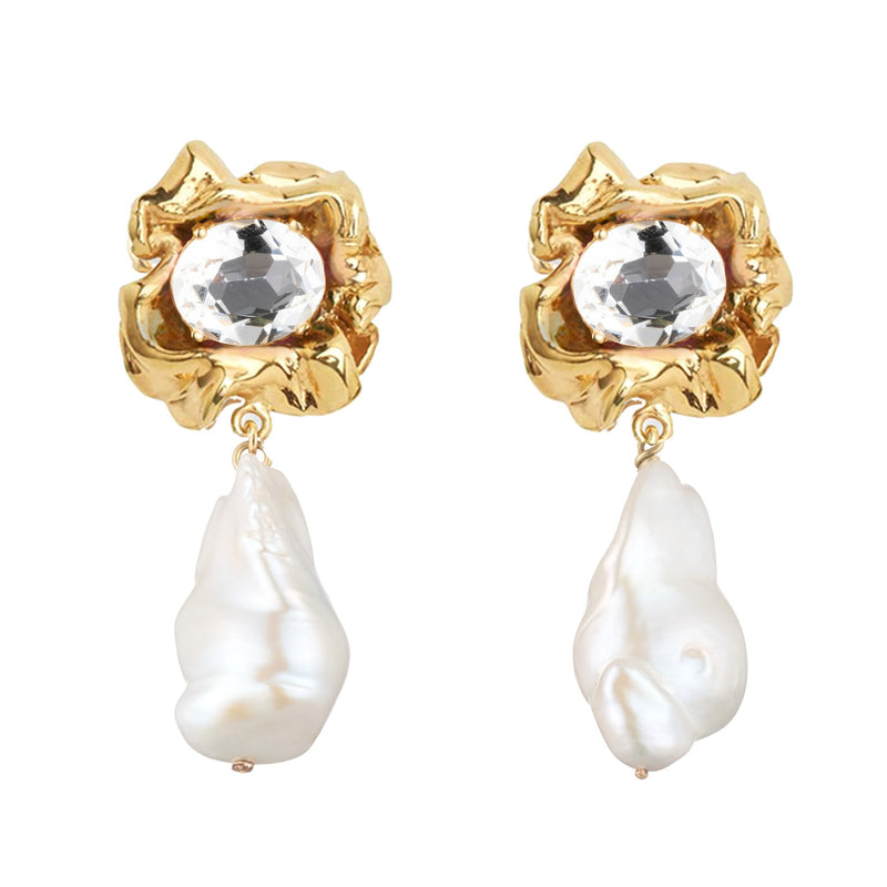 Lola Crystal Baroque Pearl Drop Earrings | Gold - Clear