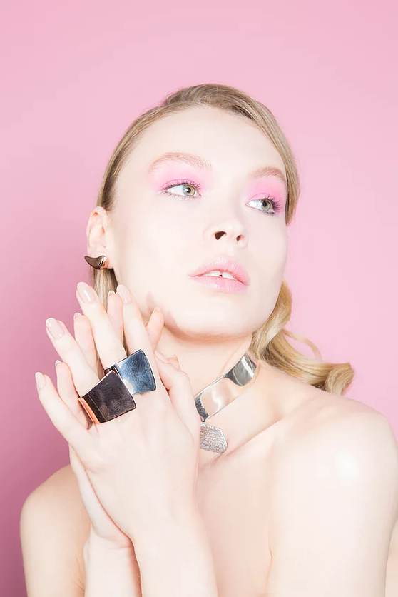Sterling King Overlap Rings in Sterling Silver and Rose Gold paired with X Choker in Silver and Ear Cuff in Rose Gold