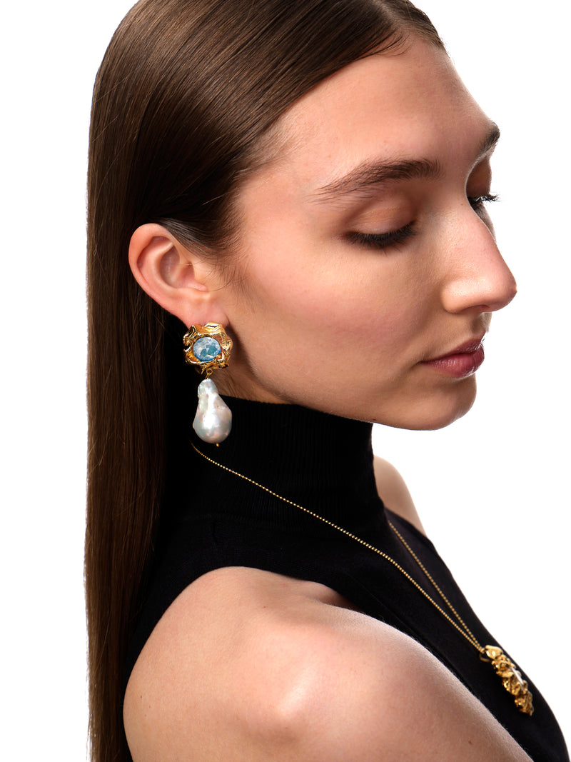 Lola Crystal Baroque Pearl Drop Earrings | Gold - Aquamarine