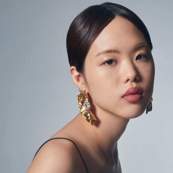 Pleat Crystal Earrings | Gold