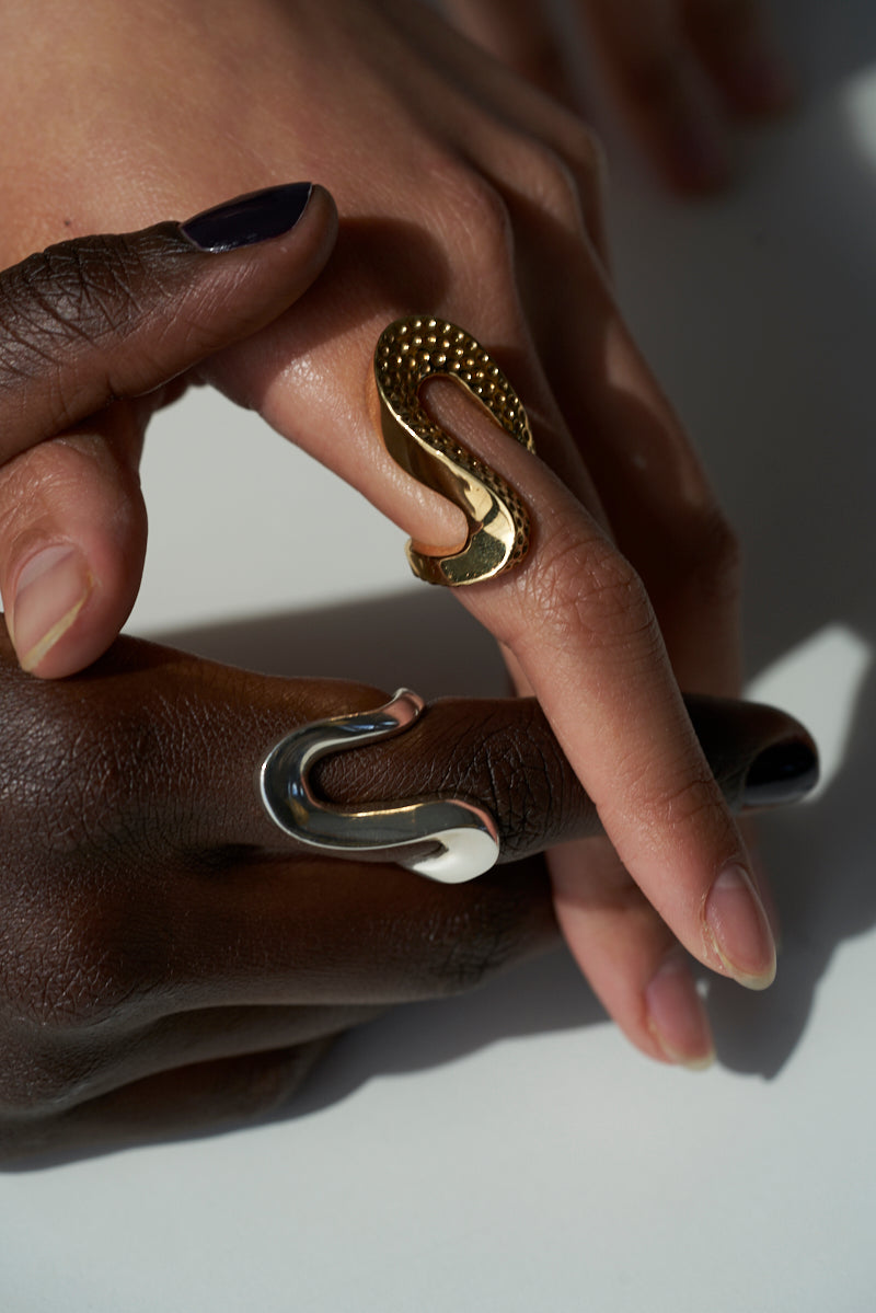 Sterling King Serpentine Wave Ring in Sterling Silver paired with Serpentine Wave Ring in Textured Gold