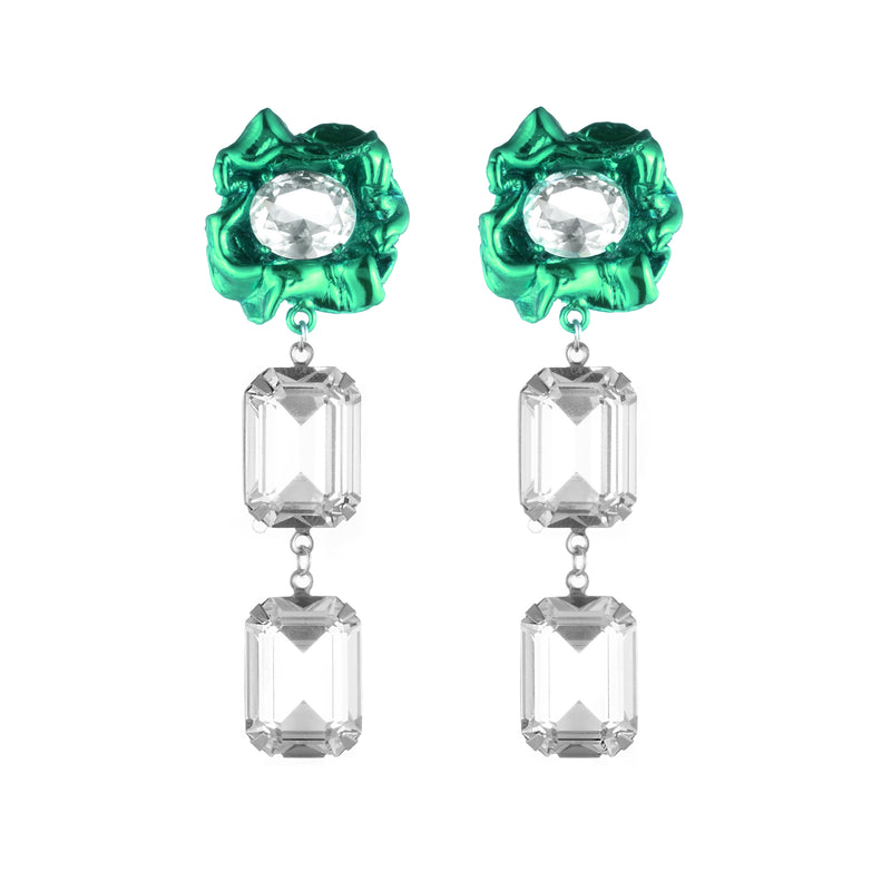Ada Crystal Statement Earrings in Emerald Green and Silver