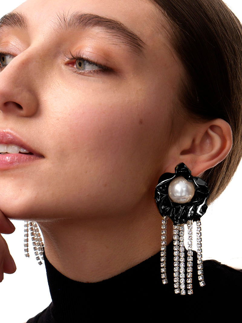 Titania Pearl Crystal Fringe Earrings | Black and White Pearl