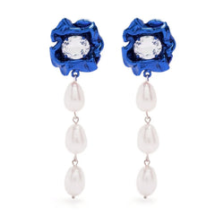 Lola 3 Pearl Drop Earrings with Crystal | Cobalt Blue