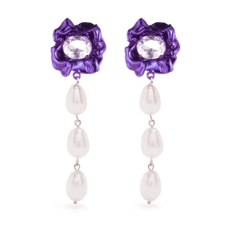 Lola 3 Pearl Drop Earrings with Crystal | Violet