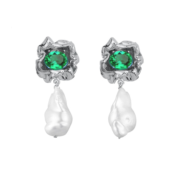 Lola Crystal Baroque Pearl Drop Earrings | Sterling Silver and Emerald