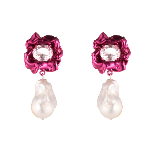 Lola Crystal Baroque Pearl Drop Earrings | Fuchsia