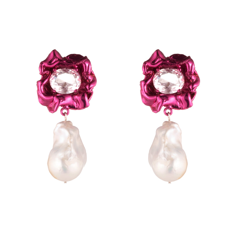 Lola Crystal Baroque Pearl Drop Earrings | Fuchsia