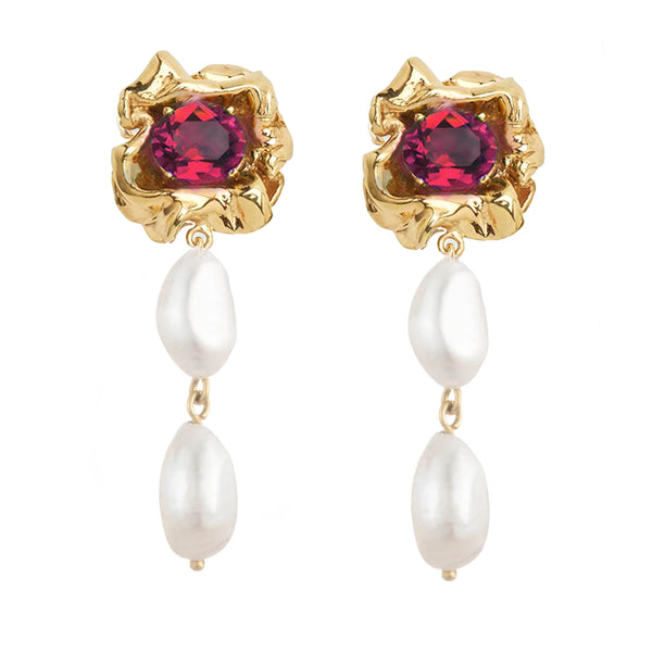 Lola 2 Pearl Drop Earrings with Ruby Crystal | Gold