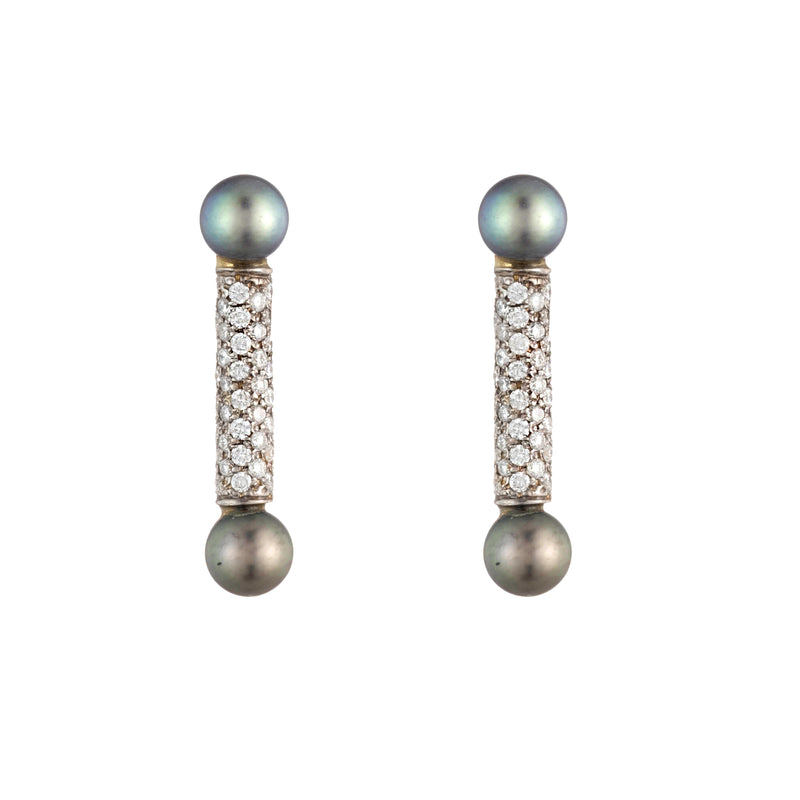 Pavé Diamond Pearl Bar Earrings | 18K White Gold