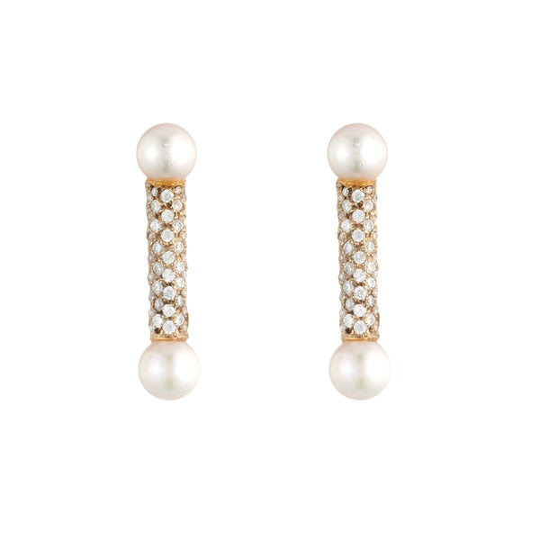 Pavé Diamond Pearl Bar Earrings | 18K Yellow Gold