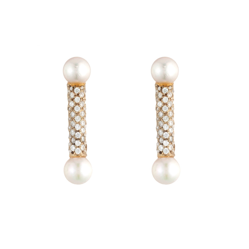 Pavé Diamond Pearl Bar Earrings | 18K Yellow Gold