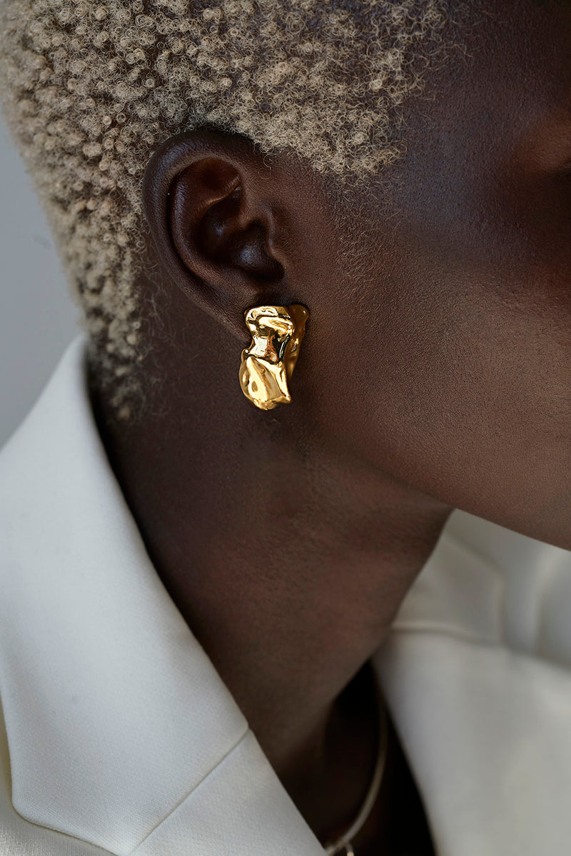 Sterling King Molten Stud Earrings in Mirror Gold model shot