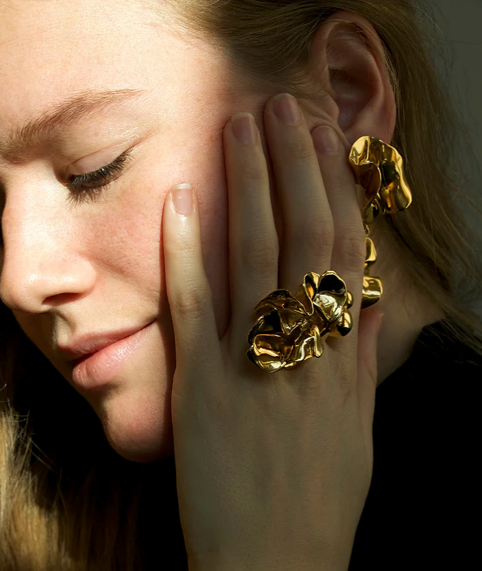 Sterling King Delphinium Ring in Mirror Gold paired with The Fold Earrings