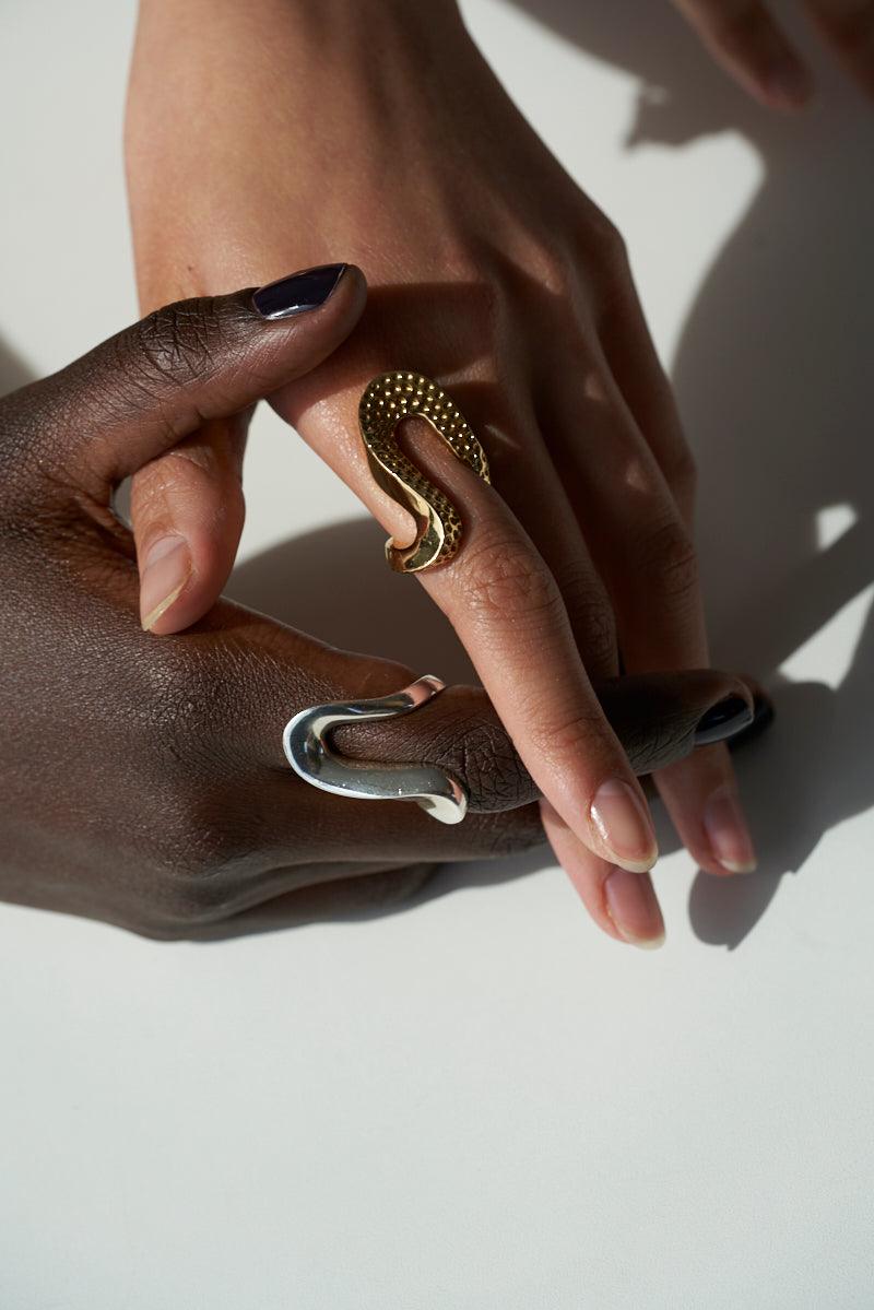 Sterling King Serpentine Wave Ring in Textured Gold paired with Wave Ring in Sterling Silver