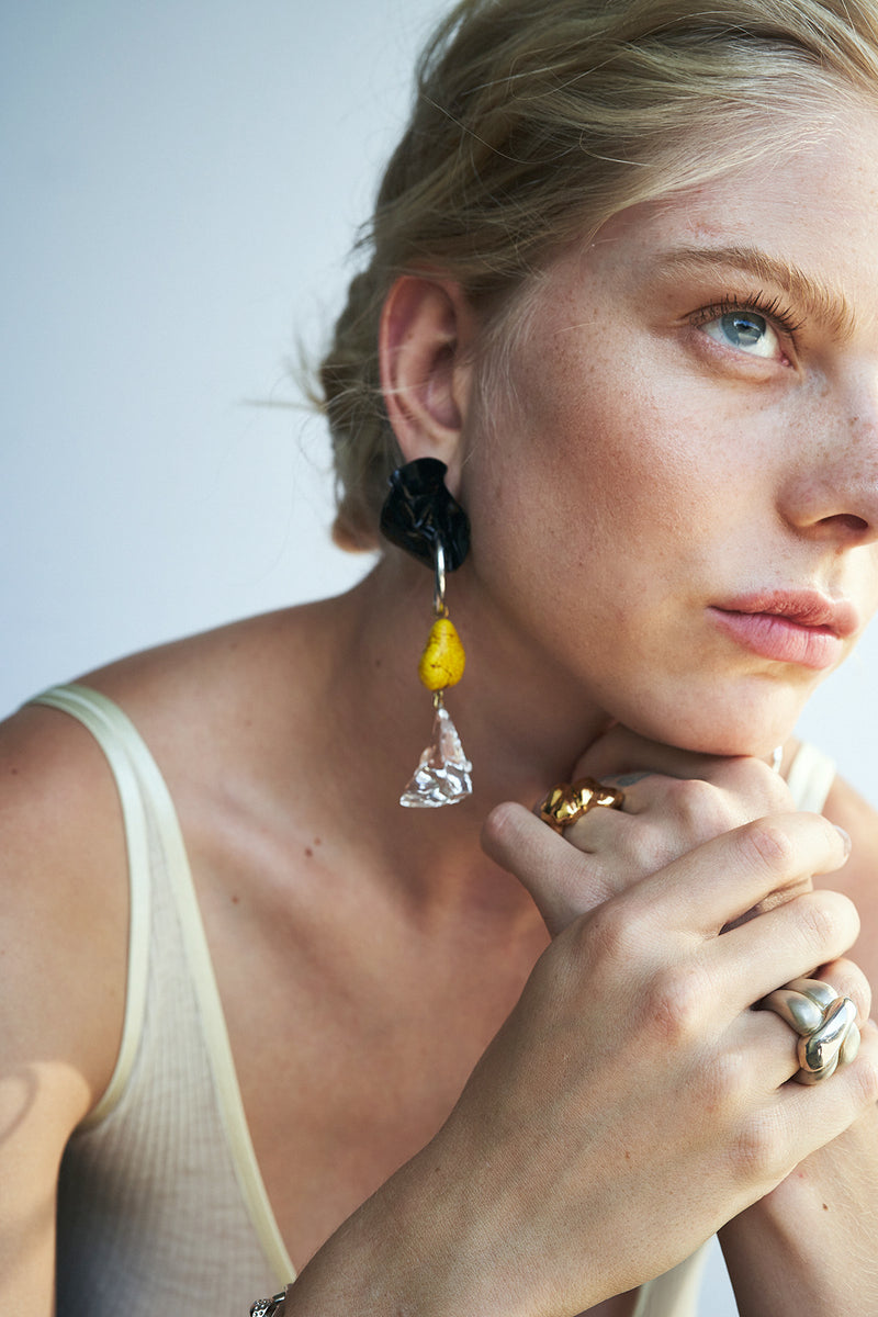 Sterling King Molten Ring in Mirror Gold paired with Joan Turquoise Earrings in Jet & Tiger Orange