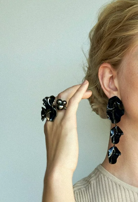Sterling King Black Delphinium Ring in Mirror Black paired with Agnes Earrings in Jet Black