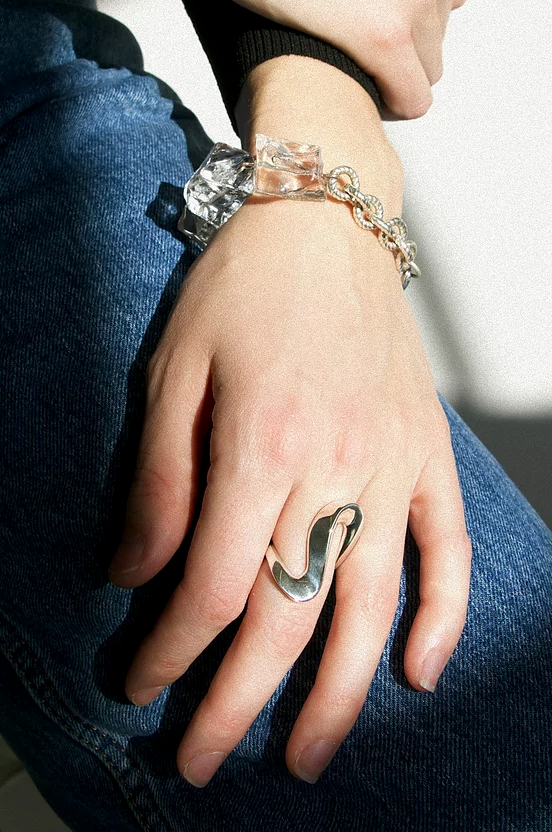 Sterling King Serpentine Wave Ring in Sterling Silver paired with Lucite Ice Bracelet