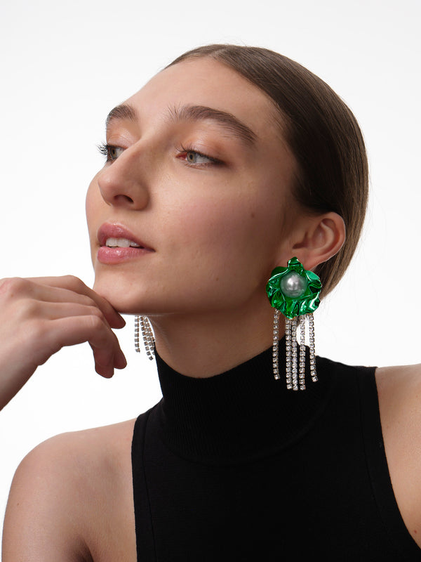 Titania Pearl Crystal Fringe Earrings in Emerald Green